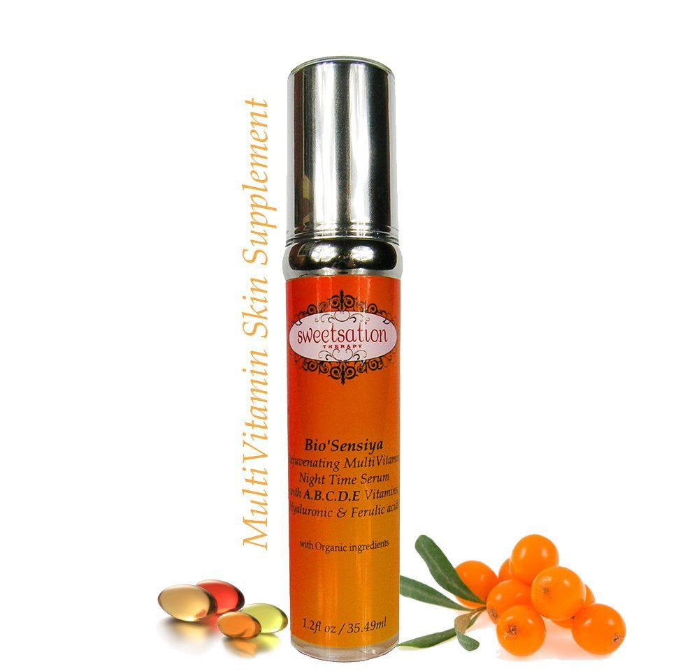 Bio'Sensiya Rejuvenating MultiVitamin Night Time Serum, with A.B.C.D.E Vitamins, Hyaluronic & Ferulic acid, 1.2oz